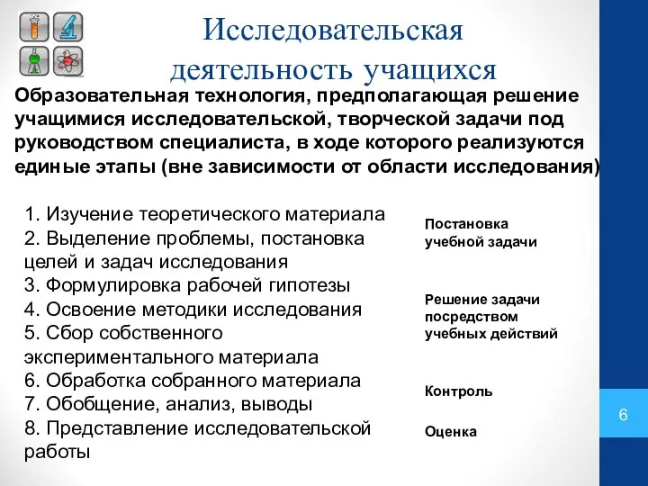 Исследовательская деятельность учащихся Образовательная технология, предполагающая решение учащимися исследовательской, творческой задачи