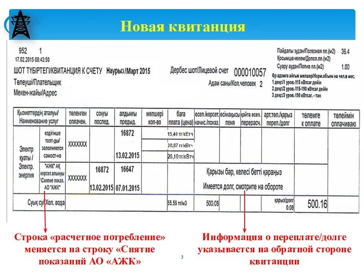 Новая квитанция Строка «расчетное потребление» меняется на строку «Снятие показаний АО