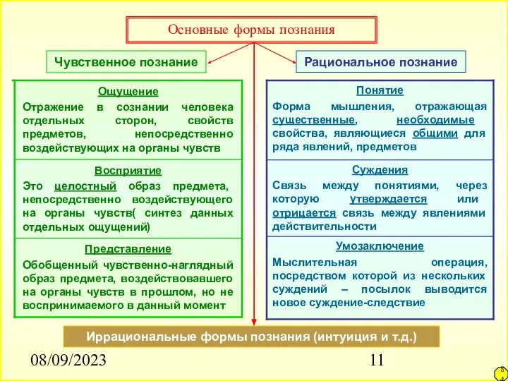 08/09/2023 Основные формы познания Чувственное познание Рациональное познание Иррациональные формы познания (интуиция и т.д.) 84