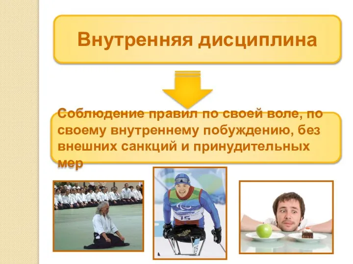 Внутренняя дисциплина Соблюдение правил по своей воле, по своему внутреннему побуждению,