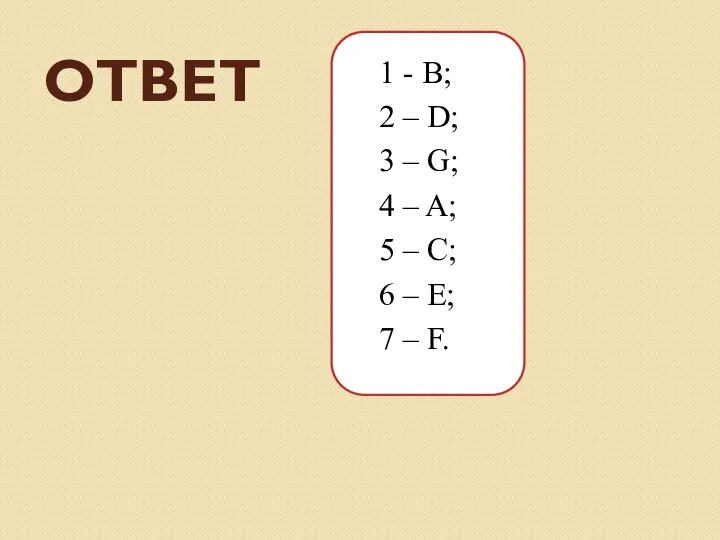 ОТВЕТ 1 - B; 2 – D; 3 – G; 4