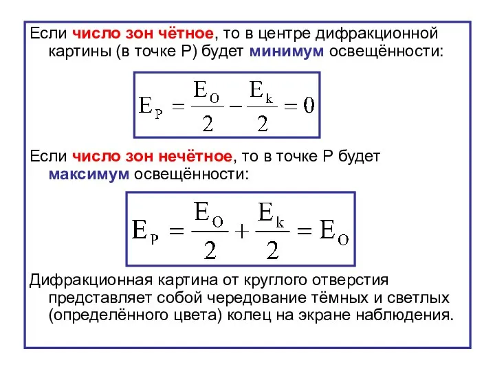 Если число зон чётное, то в центре дифракционной картины (в точке