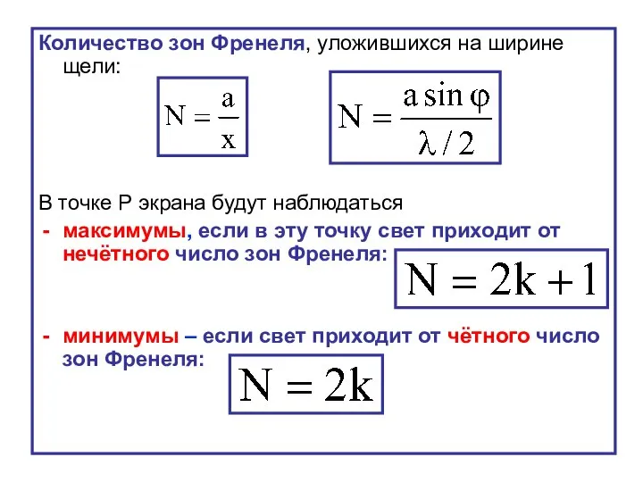 Количество зон Френеля, уложившихся на ширине щели: В точке Р экрана