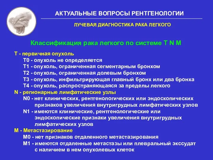 АКТУАЛЬНЫЕ ВОПРОСЫ РЕНТГЕНОЛОГИИ Т - первичная опухоль Т0 - опухоль не