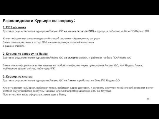 Разновидности Курьера по запросу: 1. ПВЗ по клику Доставка осуществляется курьерами