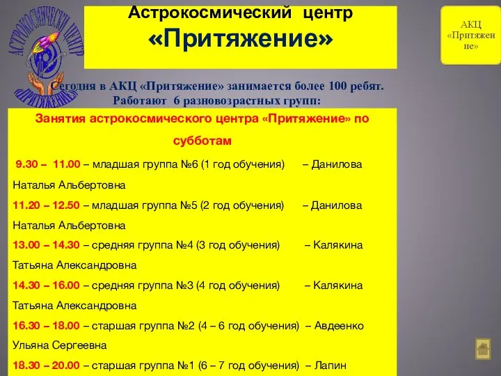 Астрокосмический центр «Притяжение» Сегодня в АКЦ «Притяжение» занимается более 100 ребят.