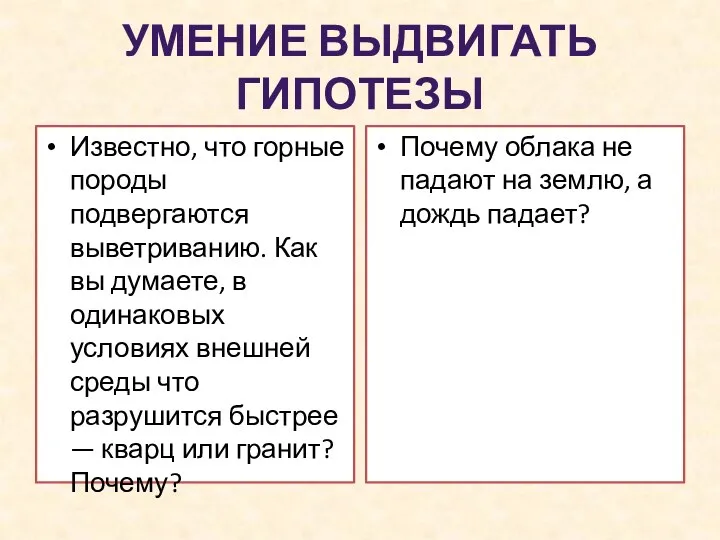 УМЕНИЕ ВЫДВИГАТЬ ГИПОТЕЗЫ Известно, что горные породы подвергаются выветриванию. Как вы