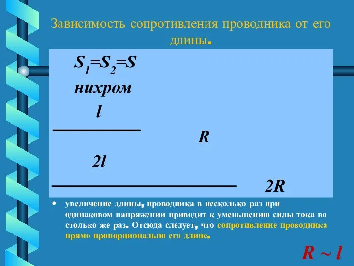 Зависимость сопротивления проводника от его длины. S1=S2=S нихром l R 2l