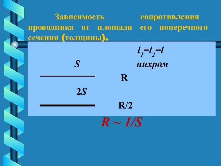 Зависимость сопротивления проводника от площади его поперечного сечения (толщины). l1=l2=l S