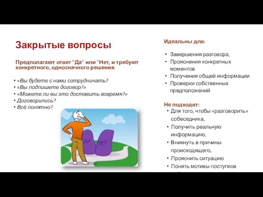 Закрытые вопросы Предполагают ответ "Да" или "Нет, и требуют конкретного, однозначного