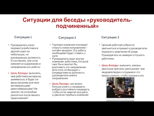 Ситуации для беседы «руководитель-подчиненный» Ситуация 1 Ситуация 2 Руководитель хочет перевести