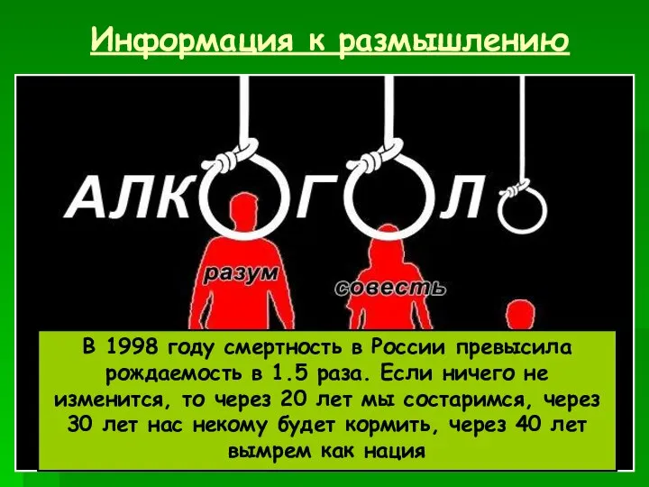 Информация к размышлению В 1998 году смертность в России превысила рождаемость