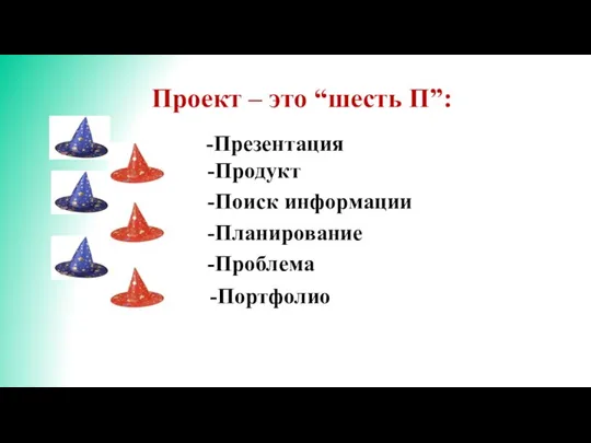 -Презентация -Продукт -Поиск информации -Планирование -Проблема Проект – это “шесть П”: -Портфолио