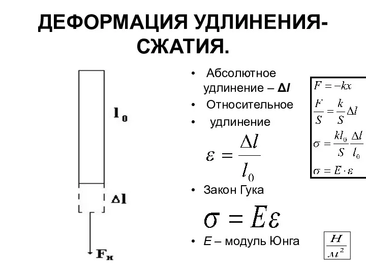 ДЕФОРМАЦИЯ УДЛИНЕНИЯ-СЖАТИЯ. Абсолютное удлинение – Δl Относительное удлинение Закон Гука Е – модуль Юнга