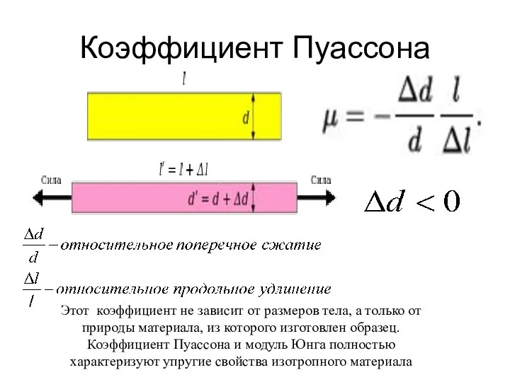 Коэффициент Пуассона Этот коэффициент не зависит от размеров тела, а только