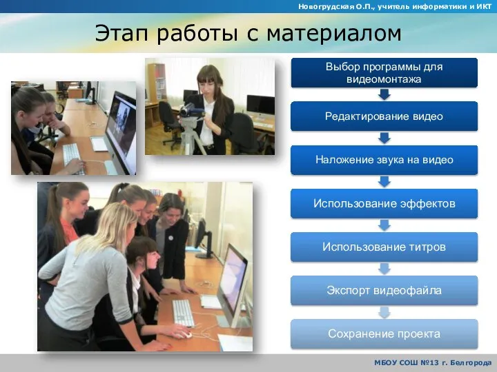 Этап работы с материалом Новогрудская О.П., учитель информатики и ИКТ МБОУ СОШ №13 г. Белгорода