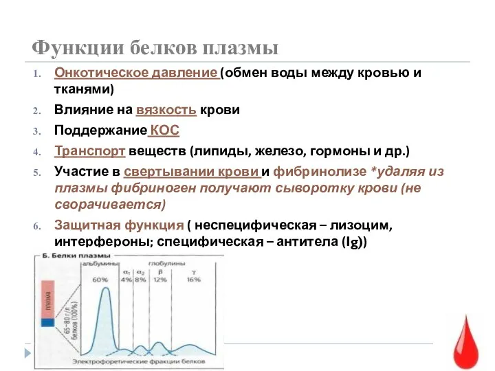 Функции белков плазмы Онкотическое давление (обмен воды между кровью и тканями)