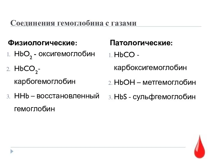 Соединения гемоглобина с газами Физиологические: HbO2 - оксигемоглобин HbCO2- карбогемоглобин HHb