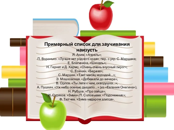 Примерный список для заучивания наизусть Я. Аким. «Апрель»; П. Воронько. «Лучше