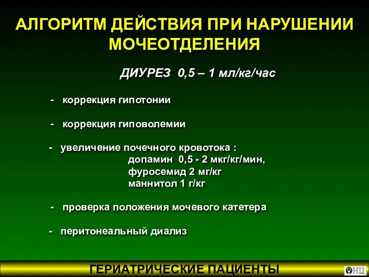 АЛГОРИТМ ДЕЙСТВИЯ ПРИ НАРУШЕНИИ МОЧЕОТДЕЛЕНИЯ ДИУРЕЗ 0,5 – 1 мл/кг/час коррекция