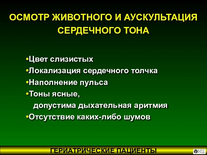 Цвет слизистых Локализация сердечного толчка Наполнение пульса Тоны ясные, допустима дыхательная