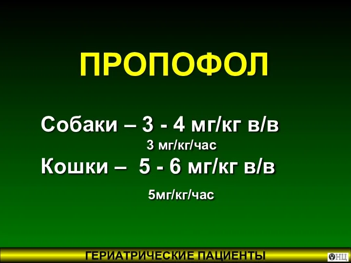 Собаки – 3 - 4 мг/кг в/в 3 мг/кг/час Кошки –