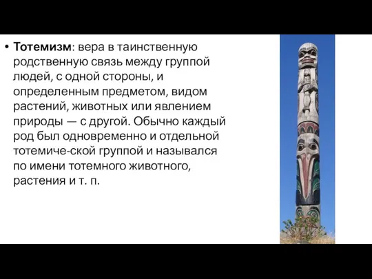 Тотемизм: вера в таинственную родственную связь между группой людей, с одной