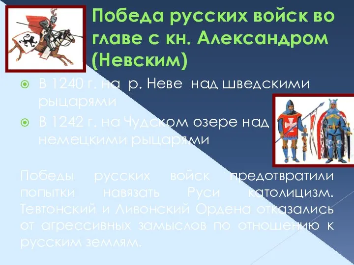 Победа русских войск во главе с кн. Александром (Невским) В 1240