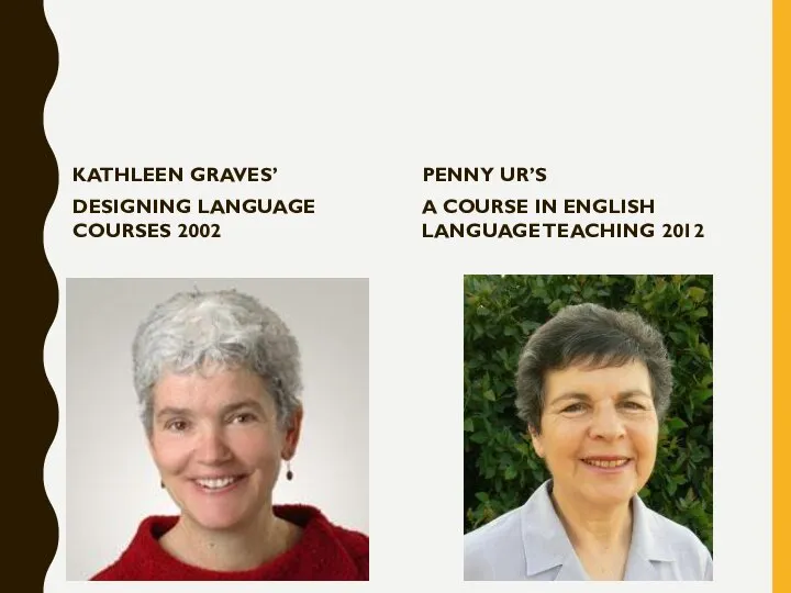 KATHLEEN GRAVES’ DESIGNING LANGUAGE COURSES 2002 PENNY UR’S A COURSE IN ENGLISH LANGUAGE TEACHING 2012