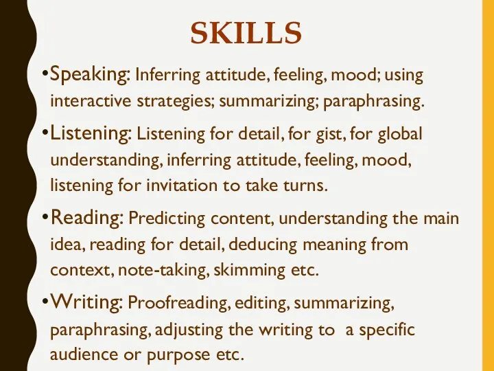 SKILLS Speaking: Inferring attitude, feeling, mood; using interactive strategies; summarizing; paraphrasing.