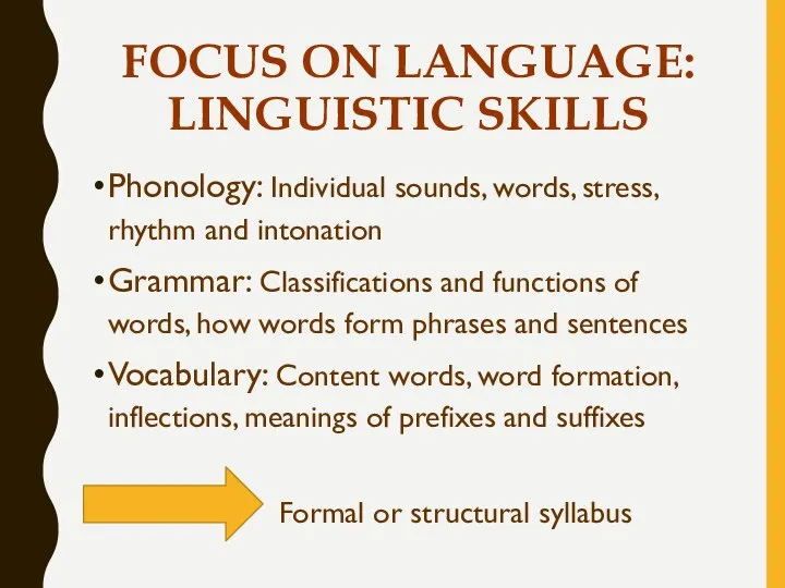 FOCUS ON LANGUAGE: LINGUISTIC SKILLS Phonology: Individual sounds, words, stress, rhythm