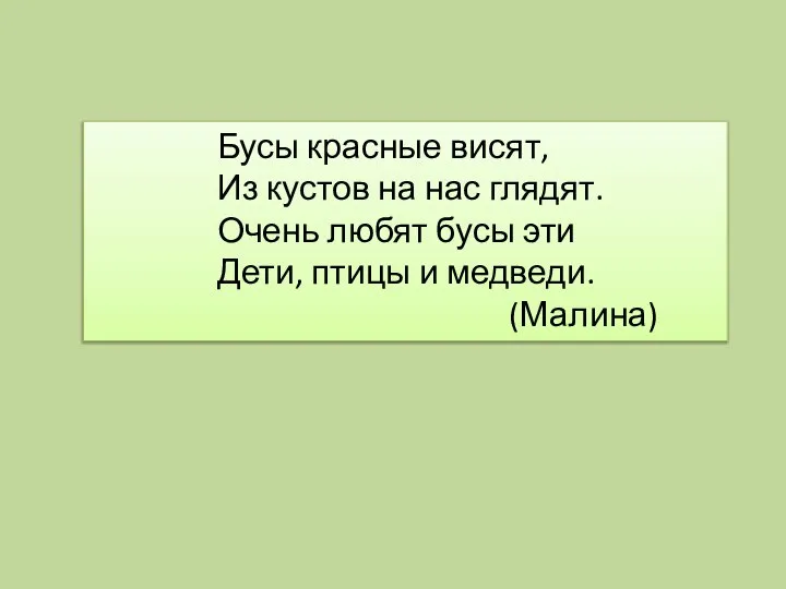 Бусы красные висят, Из кустов на нас глядят. Очень любят бусы