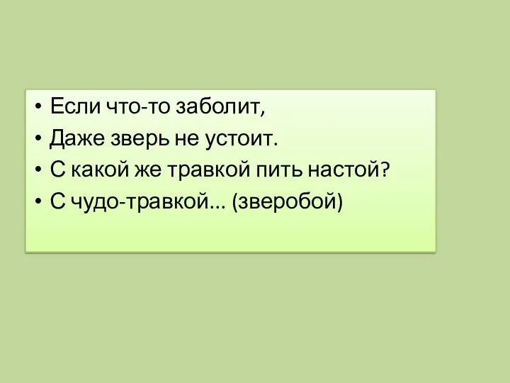 Если что-то заболит, Даже зверь не устоит. С какой же травкой пить настой? С чудо-травкой... (зверобой)