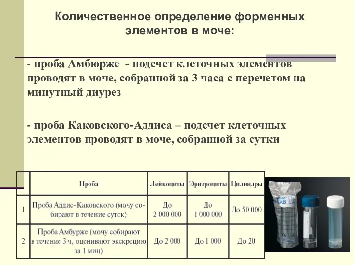 Количественное определение форменных элементов в моче: - проба Амбюрже - подсчет