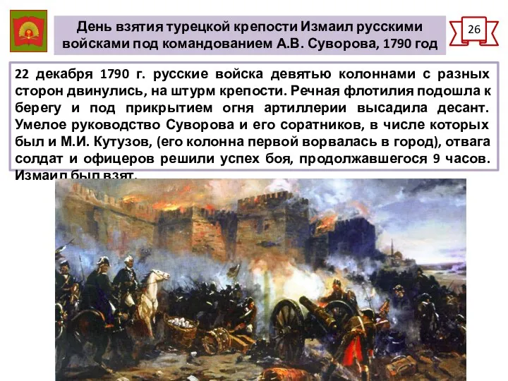 26 День взятия турецкой крепости Измаил русскими войсками под командованием А.В.