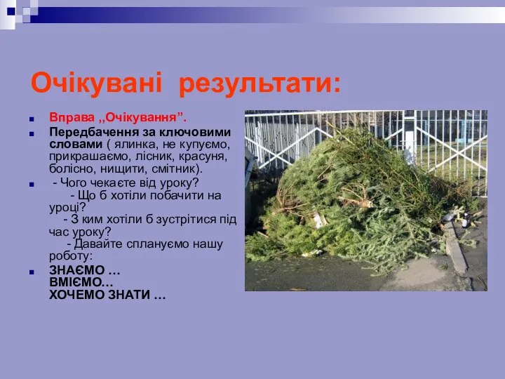 Очікувані результати: Вправа ,,Очікування’’. Передбачення за ключовими словами ( ялинка, не