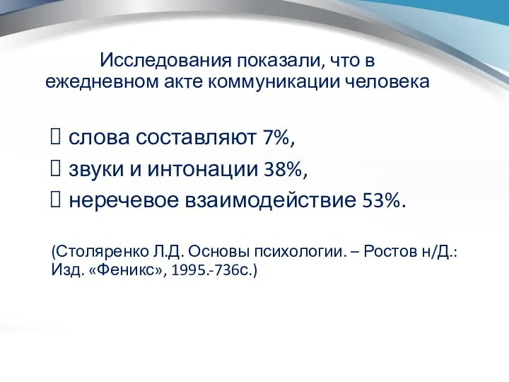 Исследования показали, что в ежедневном акте коммуникации человека слова составляют 7%,