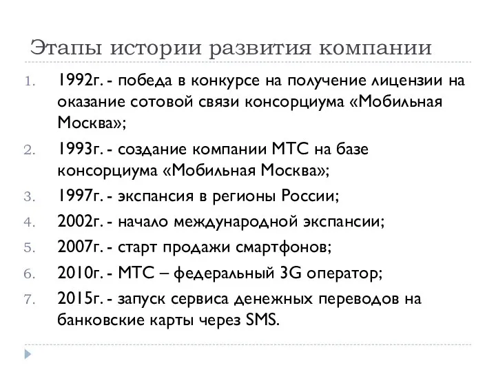 Этапы истории развития компании 1992г. - победа в конкурсе на получение