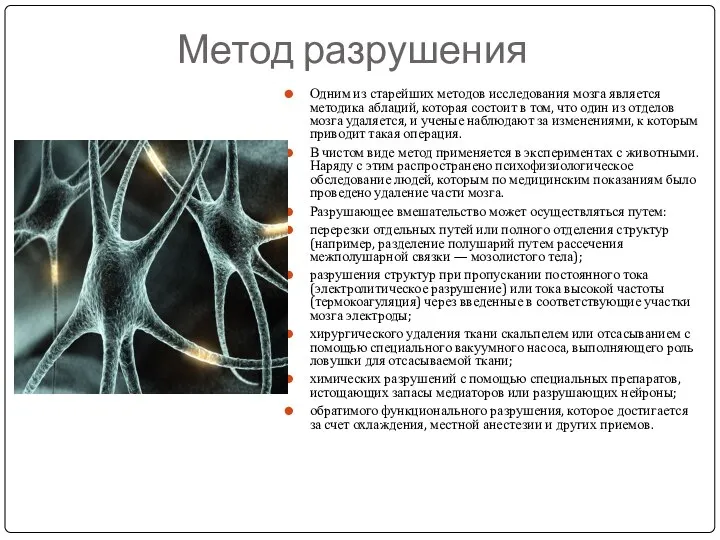 Метод разрушения Одним из старейших методов исследования мозга является методика аблаций,