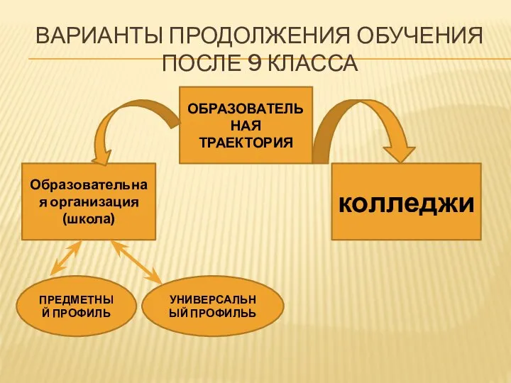 ВАРИАНТЫ ПРОДОЛЖЕНИЯ ОБУЧЕНИЯ ПОСЛЕ 9 КЛАССА ОБРАЗОВАТЕЛЬНАЯ ТРАЕКТОРИЯ Образовательная организация (школа) колледжи ПРЕДМЕТНЫЙ ПРОФИЛЬ УНИВЕРСАЛЬНЫЙ ПРОФИЛЬЬ