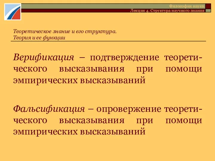 Верификация – подтверждение теорети-ческого высказывания при помощи эмпирических высказываний Фальсификация –