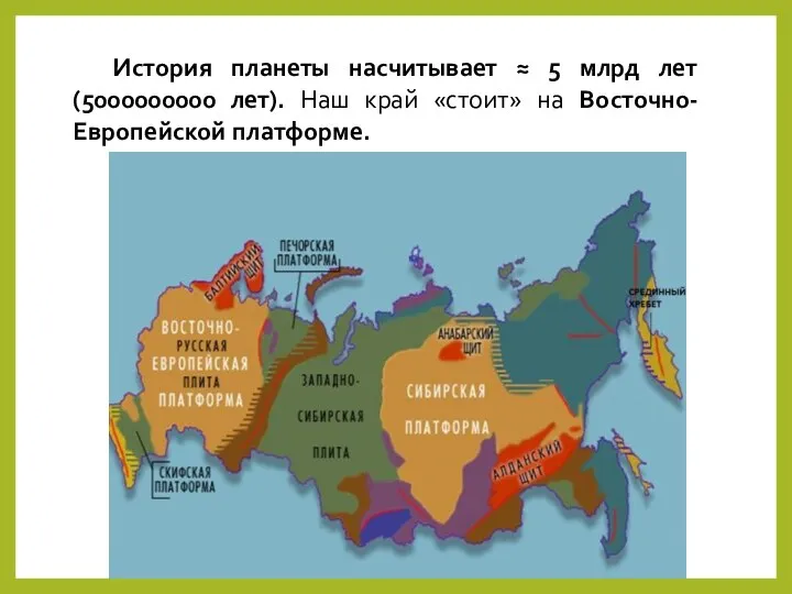 История планеты насчитывает ≈ 5 млрд лет (5000000000 лет). Наш край «стоит» на Восточно-Европейской платформе.