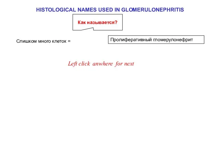 HISTOLOGICAL NAMES USED IN GLOMERULONEPHRITIS Пролиферативный гломерулонефрит Left click anywhere to