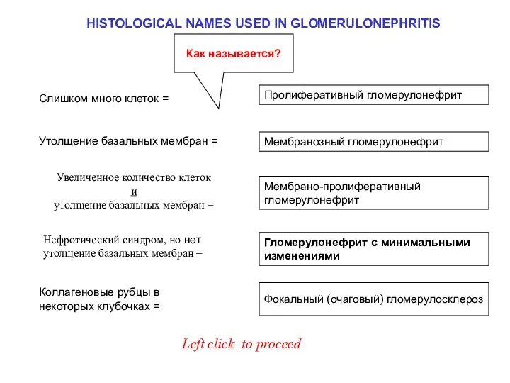 HISTOLOGICAL NAMES USED IN GLOMERULONEPHRITIS Мембранозный гломерулонефрит Пролиферативный гломерулонефрит Мембрано-пролиферативный гломерулонефрит