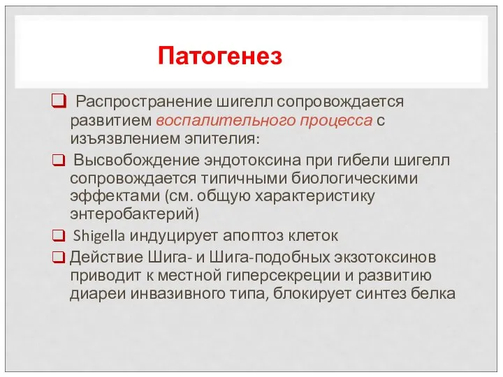 Распространение шигелл сопровождается развитием воспалительного процесса с изъязвлением эпителия: Высвобождение эндотоксина