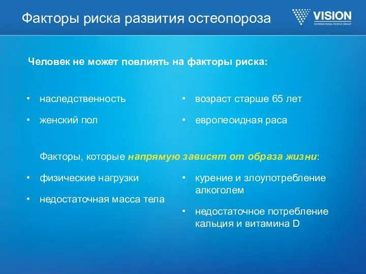 Факторы риска развития остеопороза Человек не может повлиять на факторы риска: