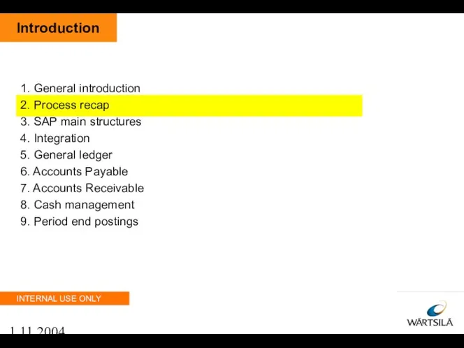 1.11.2004 Introduction 1. General introduction 2. Process recap 3. SAP main