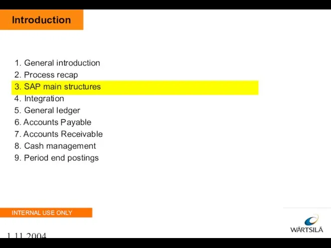 1.11.2004 Introduction 1. General introduction 2. Process recap 3. SAP main