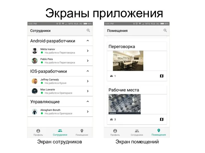 Экраны приложения Экран сотрудников Экран помещений