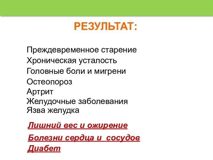 РЕЗУЛЬТАТ: Лишний вес и ожирение Болезни сердца и сосудов Диабет Преждевременное